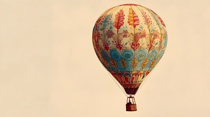 Fototapeta premium A vibrant hot air balloon filled with various patterns ascending against a light pastel background, showcasing its unique design