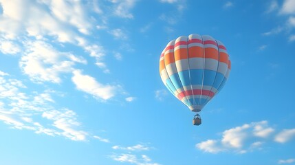 Fototapeta premium A colorful hot air balloon floating gently in a clear blue sky, with wispy white clouds in the background, creating a serene atmosphere