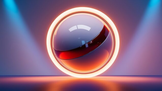 Glossy spherical object encased within a glowing circular frame against a gradient blue background, creating an aesthetically pleasing and modern visual effect 