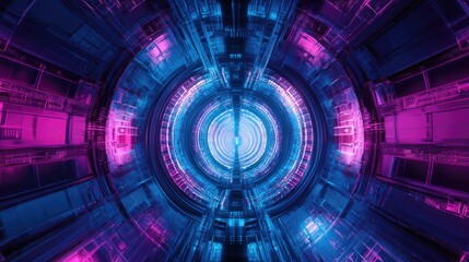 Fototapeta premium Building art with electric blue and magenta tints, featuring symmetry, circular patterns, and a futuristic font design, 3D rendering