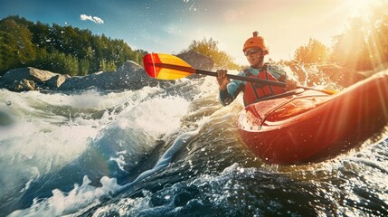 Fototapeta premium Kayaker paddling through rough water on a river