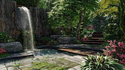Fototapeta premium Tranquil Waterfall Garden with Stone Pathway and Lush Greenery.
