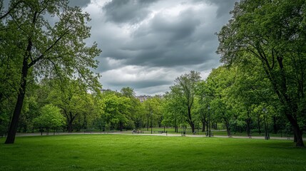 Scenic park landscape with green grass and trees under a cloudy sky, showcasing nature's beauty and tranquility before the storm.