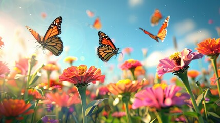 Colorful butterflies gathering on vibrant zinnia flowers in a sunny field.