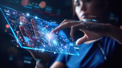 Woman interacting with futuristic digital interface.