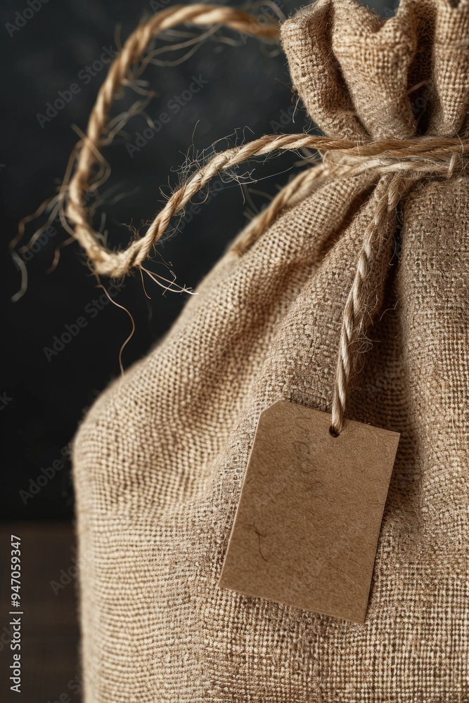 Poster A bag with a tag on a wooden table, great for commercial use such as product display or presentation