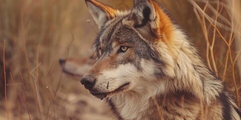 Fototapeta premium Mexican Gray Wolf Keeping Guard as Mate Relishes a Bone