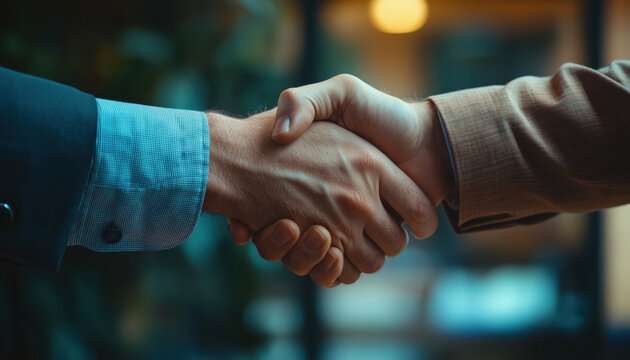Aperto de m&atilde;os entre dois homens de neg&oacute;cios em ambiente corporativo, simbolizando acordo ou parceria, capturado por IA generativa.
