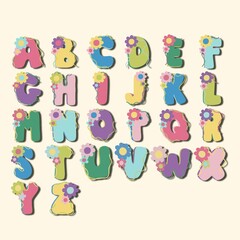 English flower letters, colorful cute flower on decoration on alphabet for decorating or printing