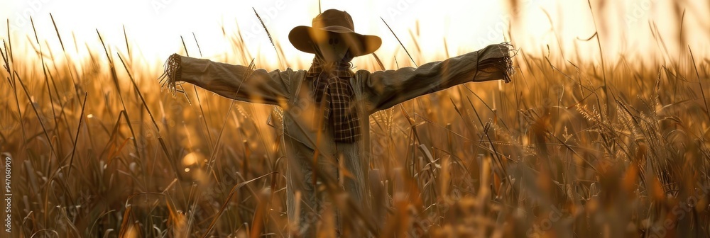 Poster Distant view of a scarecrow in an open field