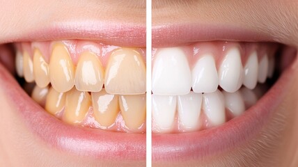 A woman's teeth with one side being yellow and the other side being white