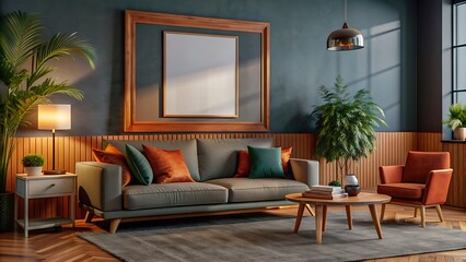 Living room with frame mockup, modern furniture, living room interior