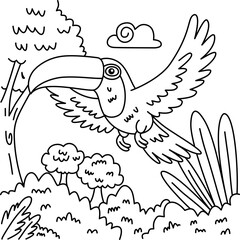 Drawing outline toucan flying in the middle of trees.eps