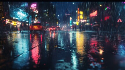 Obraz premium Moody urban rain-soaked street at night with reflecting neon lights, buzzing with car movement and city life.