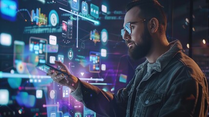 Tech developer engaging with virtual screen full of mobile apps