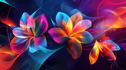 Fototapeta premium Various abstract digital flowers with vibrant neon lines and geometric shapes, set against a colorful vector background, creating dynamic visual impact