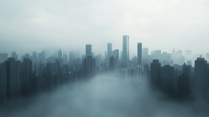 Fototapeta premium Modern cityscape shrouded in fog, creating a mystical and serene atmosphere. Tall skyscrapers emerge from the mist against a grey sky.