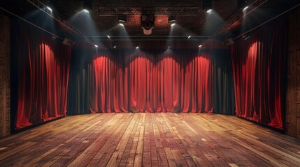 Empty Stage with Red Curtains and Spotlights.