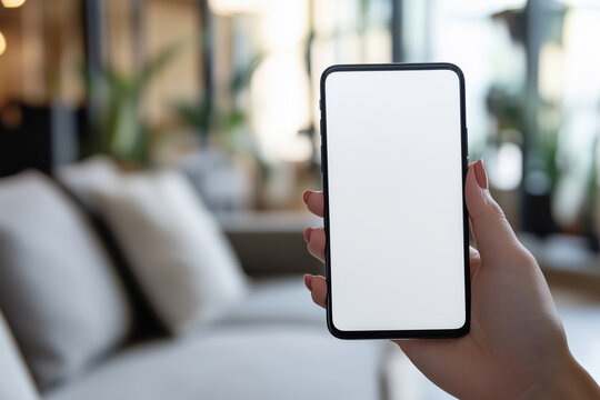 M&atilde;o feminina segurando smartphone com tela em branco, destacando-se em ambiente de sala de estar moderna, capturada por IA generativa.
