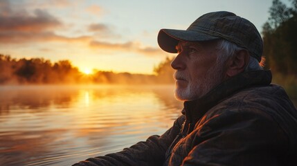 Obraz premium Senior man enjoying a serene fishing trip at dawn, mist rising from the water