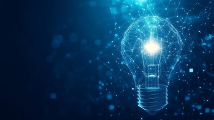 Abstract linked blocks and digital light bulb on technology blue background. Blockchain idea concept. Futuristic low poly wireframe vector illustration. Modern polygonal lamp and cubes hologram. With 