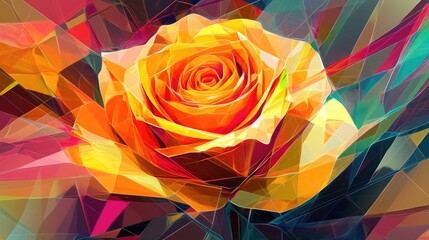Yellow rose in an abstract art style, with geometric neon lines and bright colors, creating a striking vector illustration background