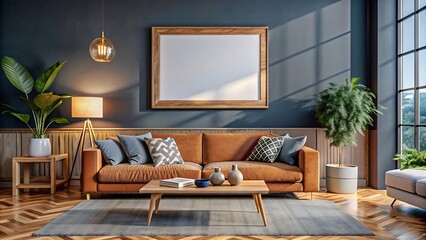Living room with frame mockup, modern furniture, living room interior