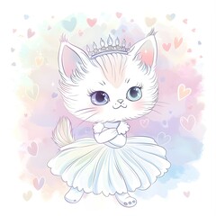 cute kawaii cat kitten princess dress and tiara, soft fluffy fur puffing out, in a pastel dreamy ethereal lighting featuring pink hearts, cute and adorable kitty