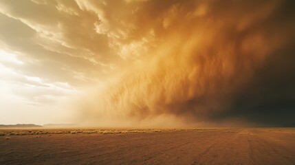 Massive dust storm approaching the barren desert landscape under a dramatic golden sky, highlighting the power of nature and extreme weather conditions. © arhendrix