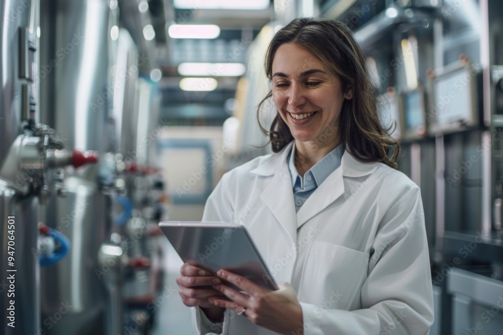 Poster a scientist holds a tablet, ready for research or data analysis