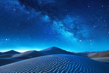 Beautiful dark night blue sky and milky ways galaxy in the gold sand deserts.