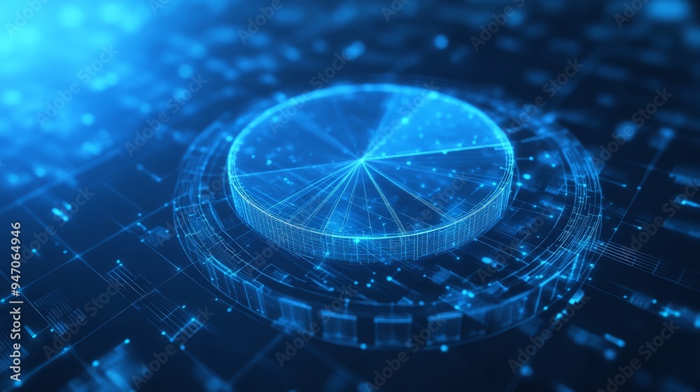 Poster abstract pie chart top view on technology blue background in futuristic low poly wireframe hologram 