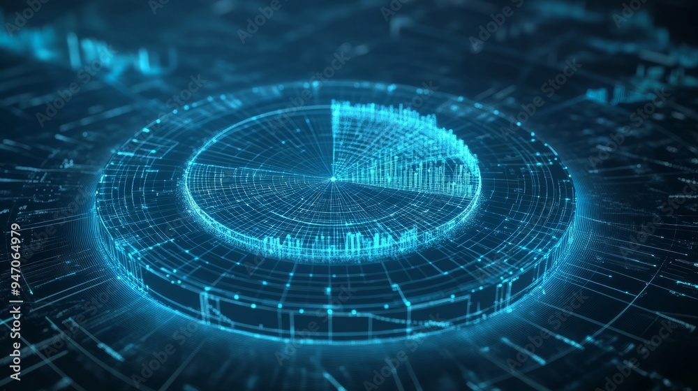 Poster abstract pie chart top view on technology blue background in futuristic low poly wireframe hologram 