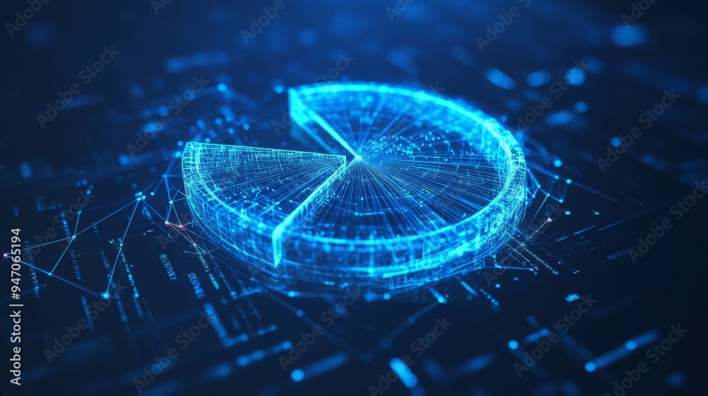 Poster abstract pie chart top view on technology blue background in futuristic low poly wireframe hologram 