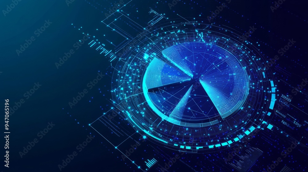 Poster abstract pie chart top view on technology blue background in futuristic low poly wireframe hologram 