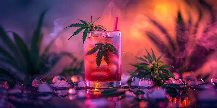 Assortment of pink cocktails with cannabis leaves, decorated with marijuana leaves in glasses. Different types of weed with a drink, in a glass on a bright pink and purple background