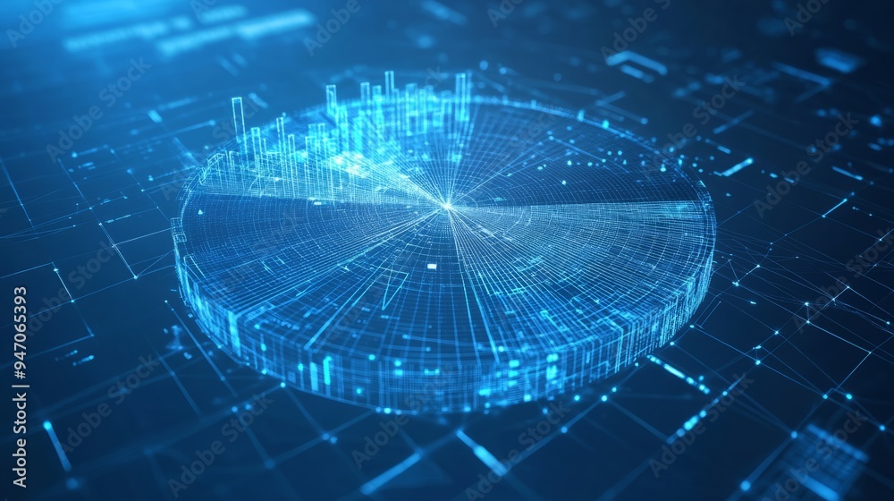 Poster abstract pie chart top view on technology blue background in futuristic low poly wireframe hologram 
