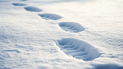 Naklejka premium Footprints in the snow on a bright winter day. The tracks lead forward, leaving a path in the fresh, untouched snow, creating a serene and peaceful scene.