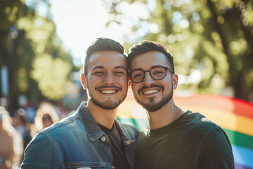 Fototapeta premium Casal de homens sorrindo e abraçados em evento ao ar livre com bandeira do arco-íris ao fundo, capturado por IA generativa. 