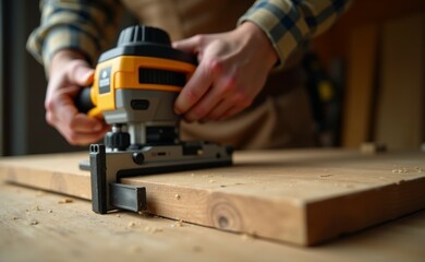A man is using a power tool to cut a piece of wood