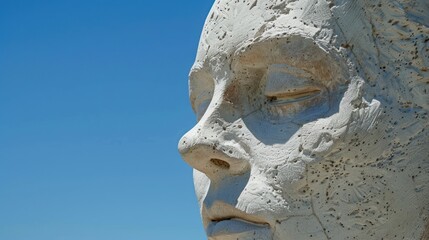 Obraz premium Close-up of a weathered stone sculpture of a face against a clear blue sky.