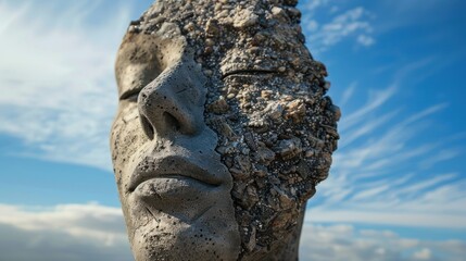 Stone face sculpture against blue sky.