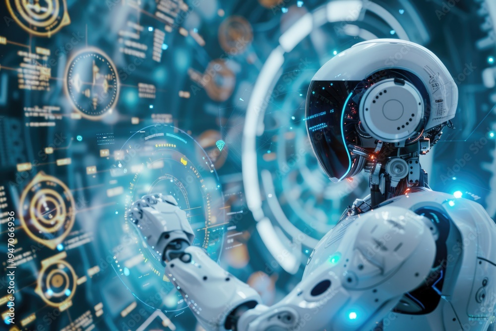 Aufkleber A robot's mechanical arm touches a screen button
