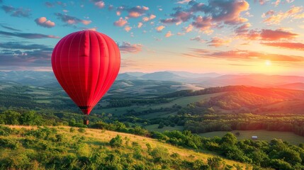 Fototapeta premium A hot air balloon gracefully floats above a stunning mountain range during a vibrant sunrise. A peaceful getaway where aspirations soar high in the embrace of nature s magnificence. Copy space.