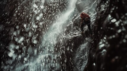 Alpinist climbing waterfall on rock face during expedition