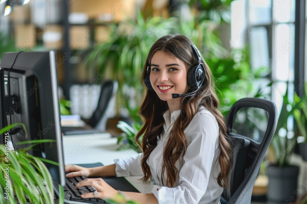Poster A person using a computer and headset in an office or home setting, great for depicting remote work or online learning