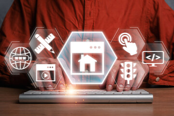 Innovative homepage concept featuring digital icons and hands typing on a keyboard, symbolizing...