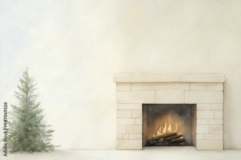 Wall mural A delightful watercolor depiction of a cozy fireplace, radiating a sense of comfort and happiness.