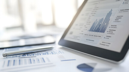 Close-up digital tablet showing mortgage refinance calculator, blurred financial graph background, refinancing concept, shallow depth of field, natural light, copy space for text or design.
