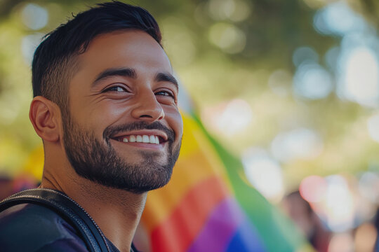 Homens sorrindo em evento ao ar livre com bandeiras do arco-&iacute;ris ao fundo, representando orgulho LGBTQIA+, capturados por IA generativa.

